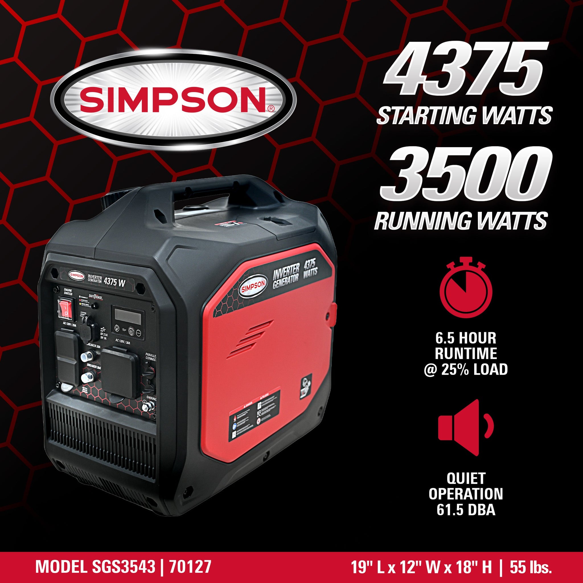 Simpson SGS3543 Generator 3500/4375W Inverter Gasoline with CO Sensor New