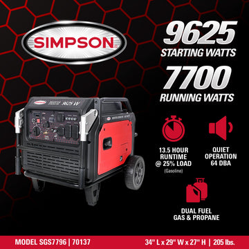 Simpson SGS7796 Generator 7700/9625W Inverter Dual Fuel Gas Propane Electric Start CO Sensor New