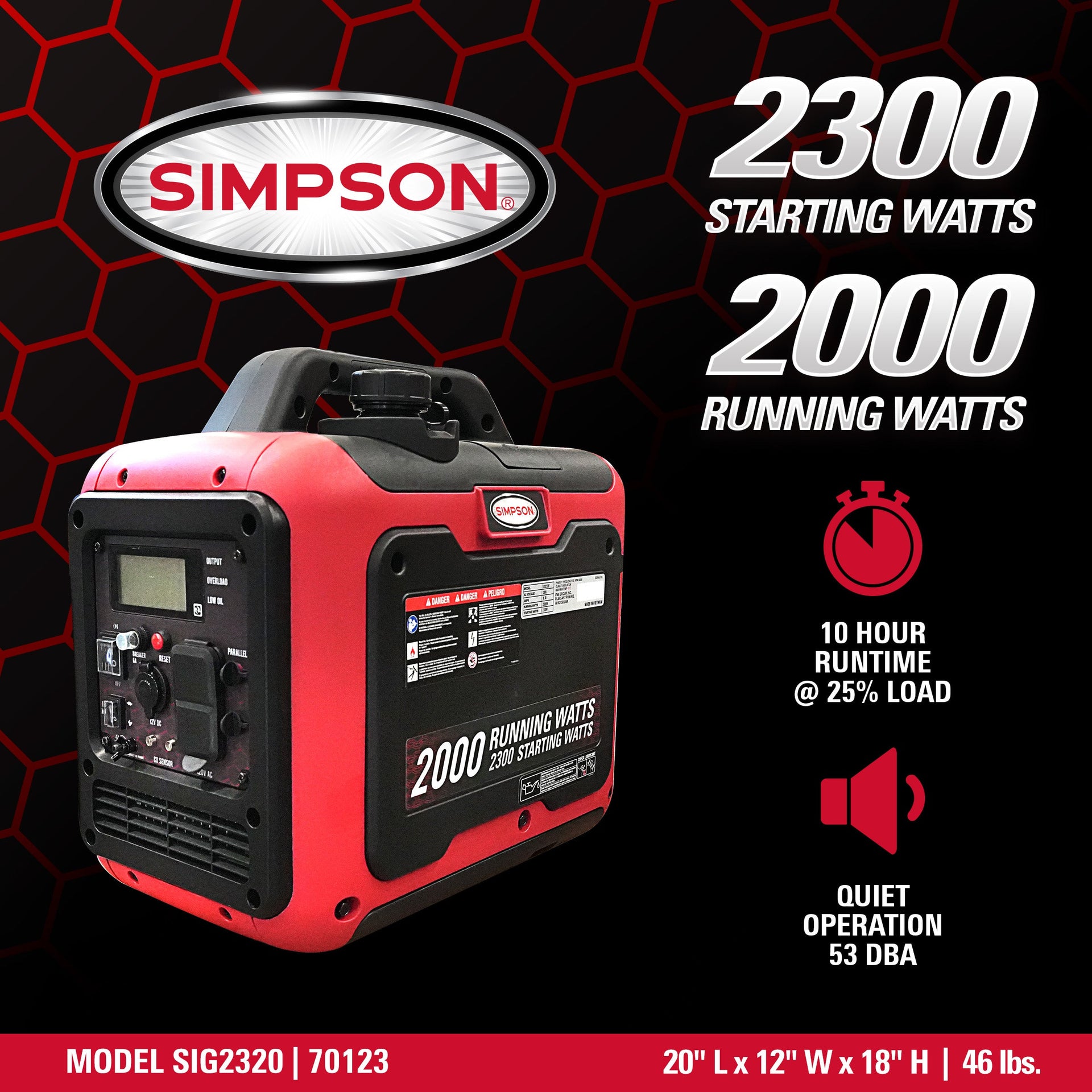 Simpson SIG2320 Generator 2000/2300W Inverter Gasoline CRX Engine CO Sensor New