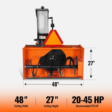 48" 3 Point PTO Snow Blower 24" Impeller Diameter 360° Snow Chute (PTO Shaft Included with Slip Clutch),  20-45 HP,  TSB48T