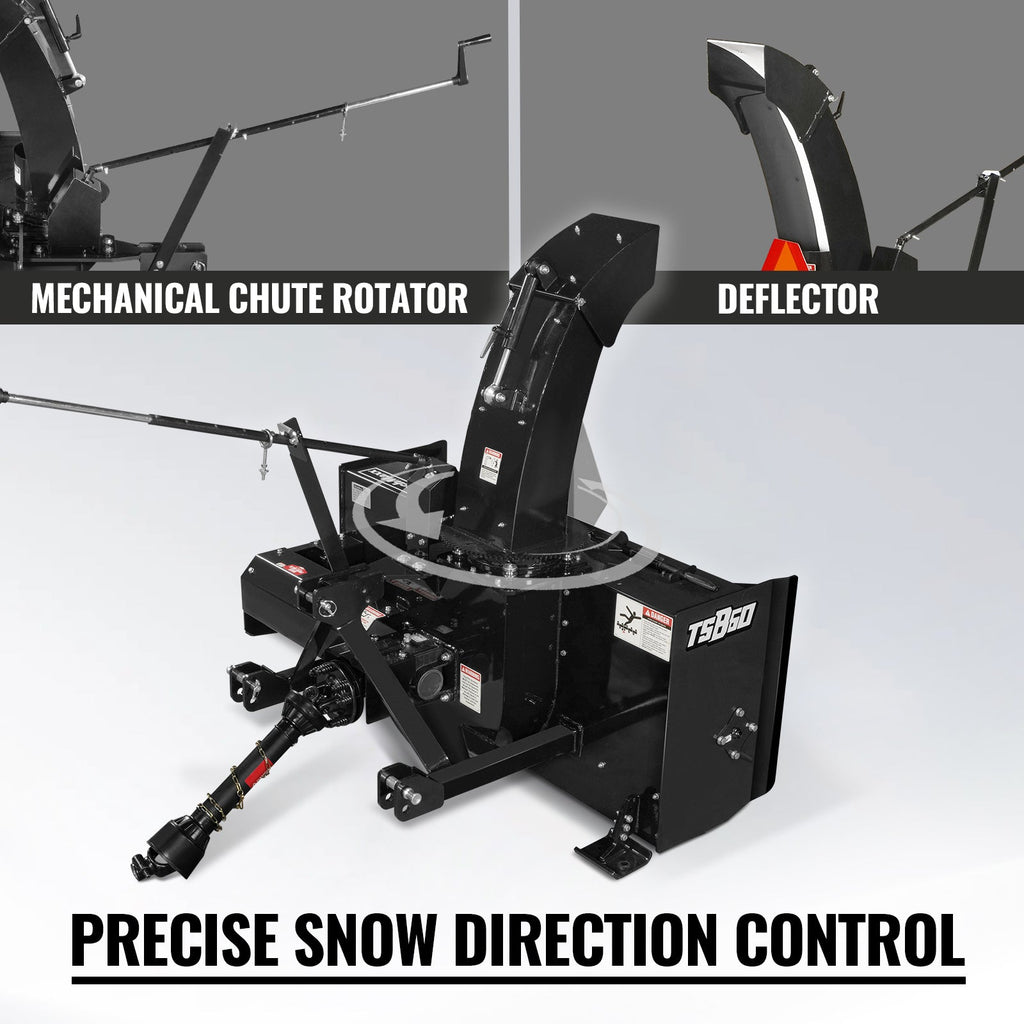 60" 3 Point PTO Snow Blower 24" Impeller Diameter 360° Snow Chute (PTO Shaft Included with Slip Clutch),  25-65 HP,  TSB60