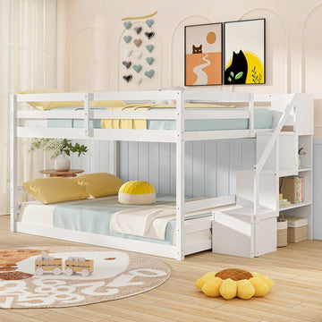 Costway Solid Wood Full Over Full Low Bunk Bed with Storage Stairs 82617543 New