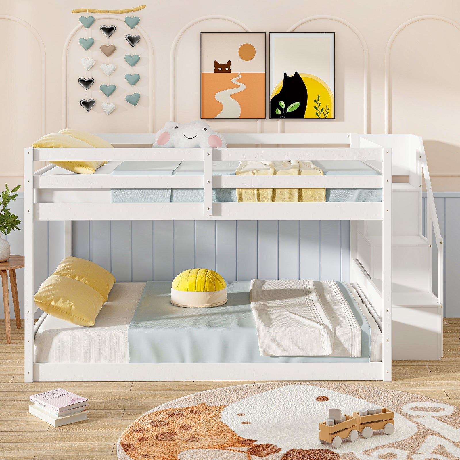 Costway Solid Wood Full Over Full Low Bunk Bed with Storage Stairs 82617543 New