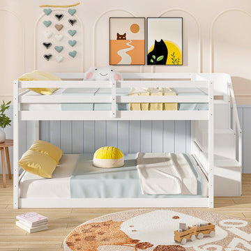 Costway Solid Wood Full Over Full Low Bunk Bed with Storage Stairs 82617543 New