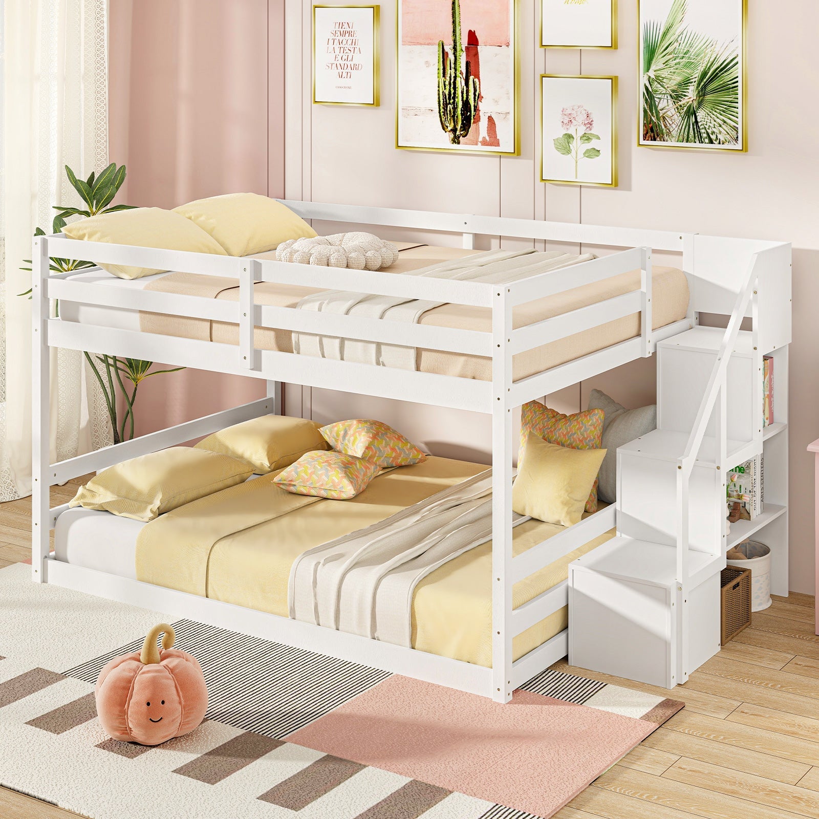 Costway Solid Wood Full Over Full Low Bunk Bed with Storage Stairs 82617543 New
