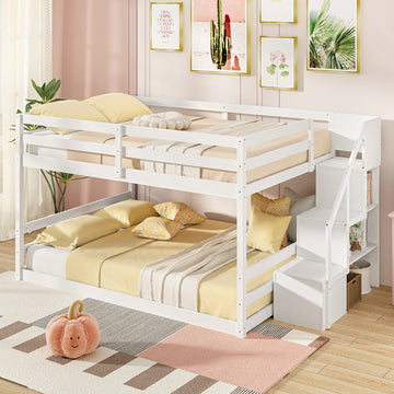 Costway Solid Wood Full Over Full Low Bunk Bed with Storage Stairs 82617543 New