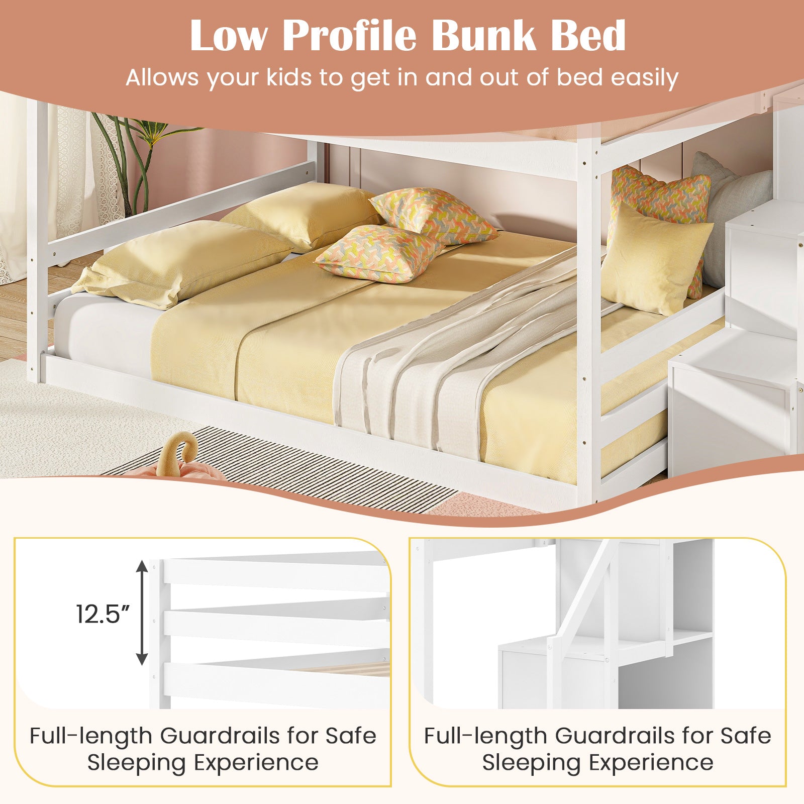 Costway Solid Wood Full Over Full Low Bunk Bed with Storage Stairs 82617543 New