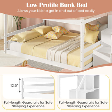 Costway Solid Wood Full Over Full Low Bunk Bed with Storage Stairs 82617543 New