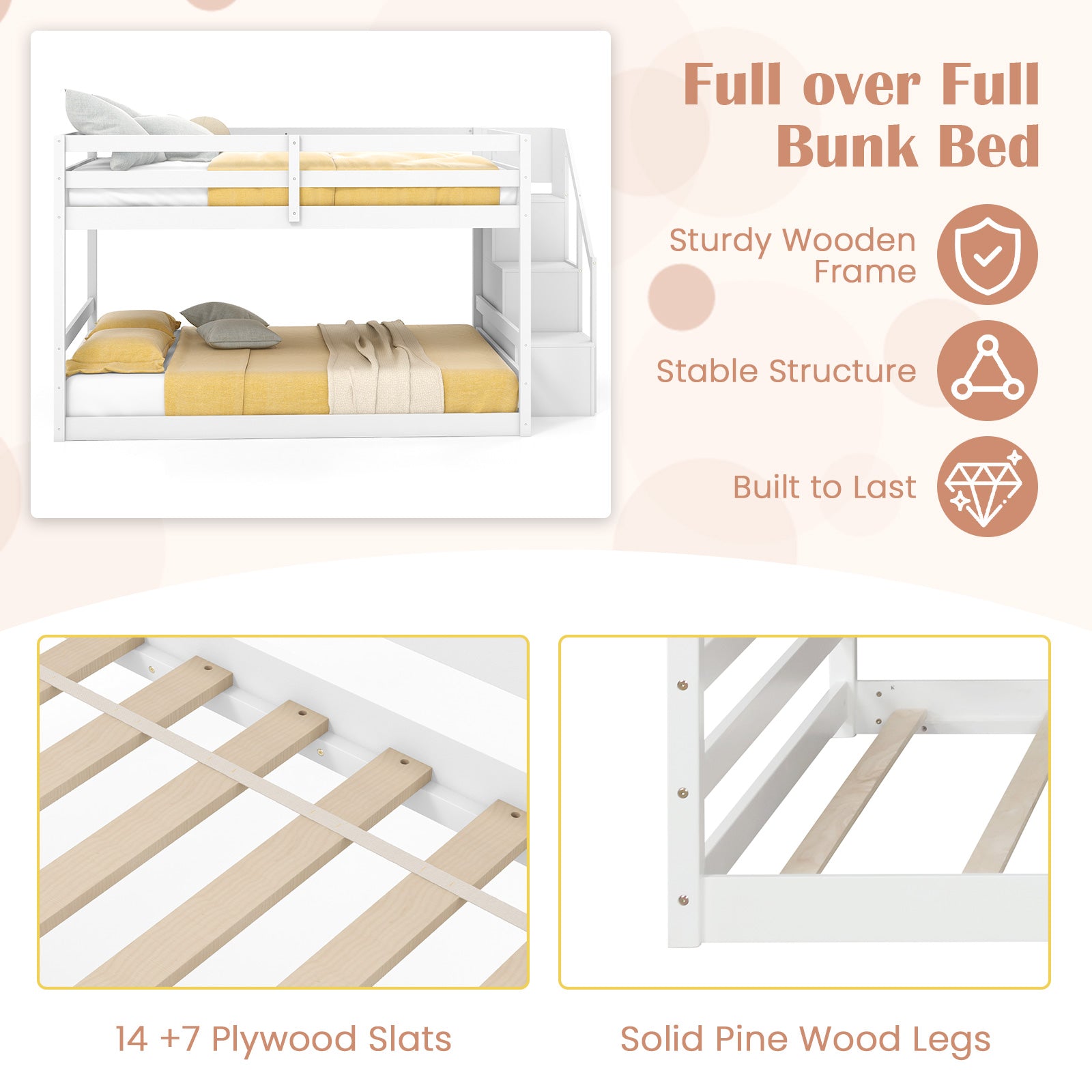 Costway Solid Wood Full Over Full Low Bunk Bed with Storage Stairs 82617543 New