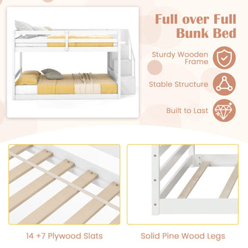 Costway Solid Wood Full Over Full Low Bunk Bed with Storage Stairs 82617543 New