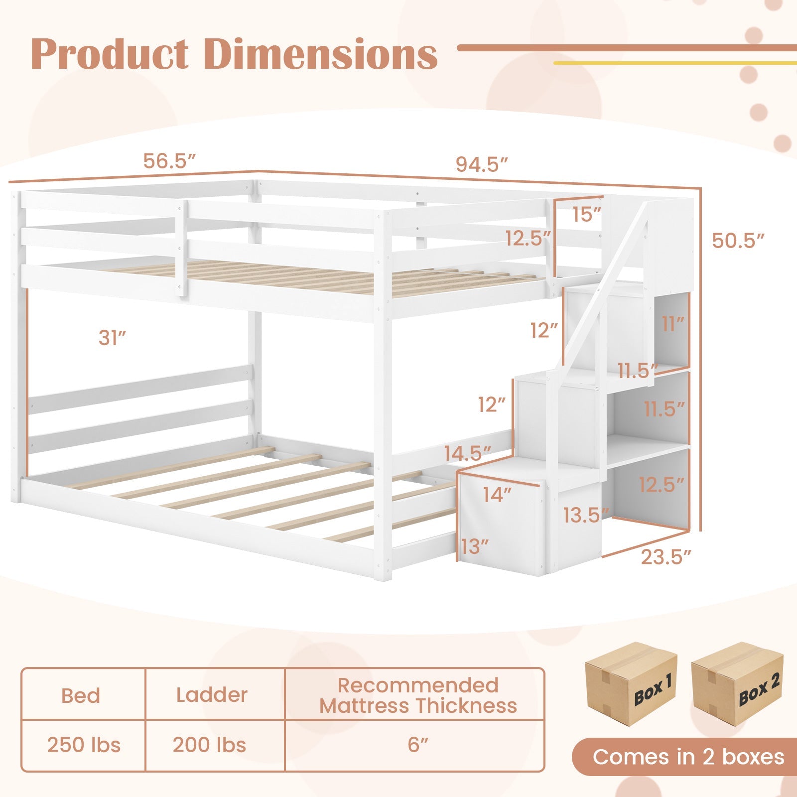 Costway Solid Wood Full Over Full Low Bunk Bed with Storage Stairs 82617543 New