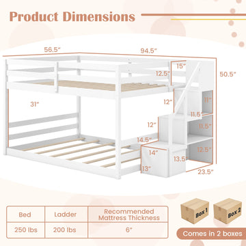 Costway Solid Wood Full Over Full Low Bunk Bed with Storage Stairs 82617543 New