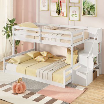 Costway Solid Wood Twin Over Full Low Bunk Bed w/ Storage Stairs 37692851 New