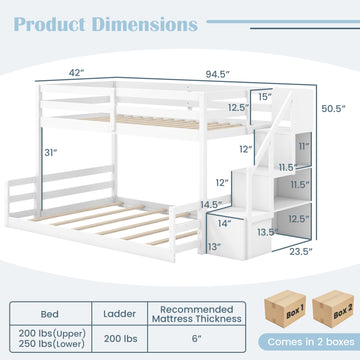 Costway Solid Wood Twin Over Full Low Bunk Bed w/ Storage Stairs 37692851 New