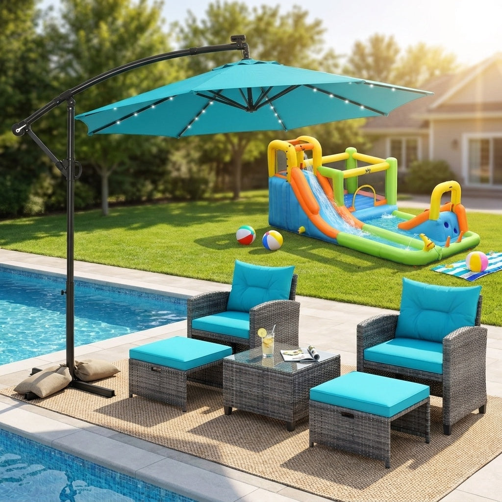 Costway 5-Pc Rattan Patio Furniture Set Water Slide 10' LED Offset Umbrella 34259613 New