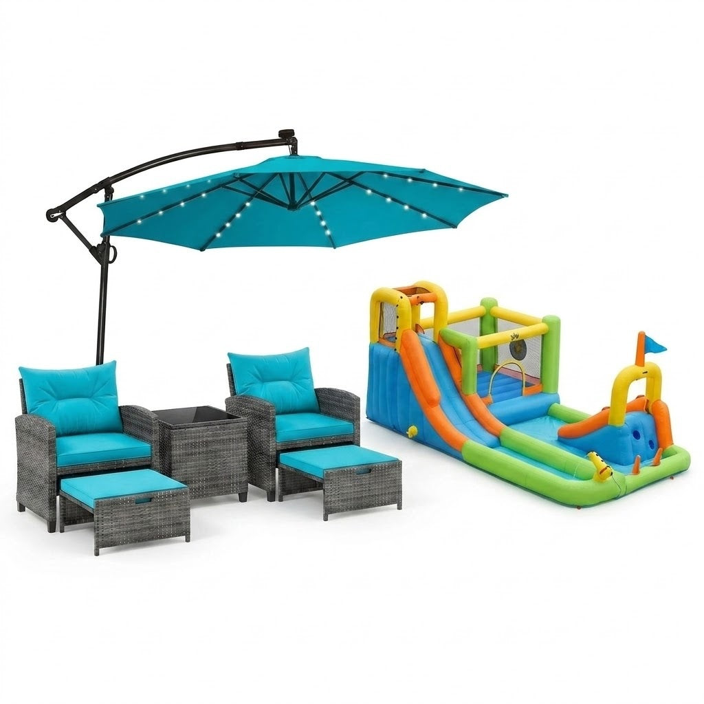 Costway 5-Pc Rattan Patio Furniture Set Water Slide 10' LED Offset Umbrella 34259613 New