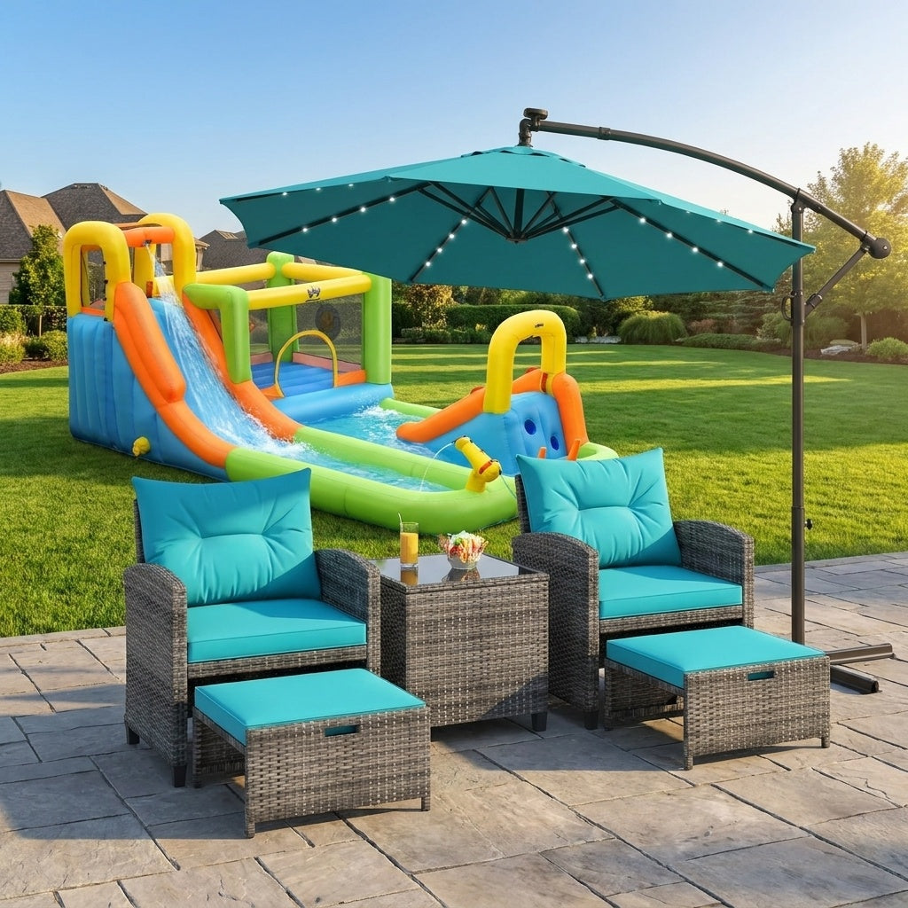Costway 5-Pc Rattan Patio Furniture Set Water Slide 10' LED Offset Umbrella 34259613 New