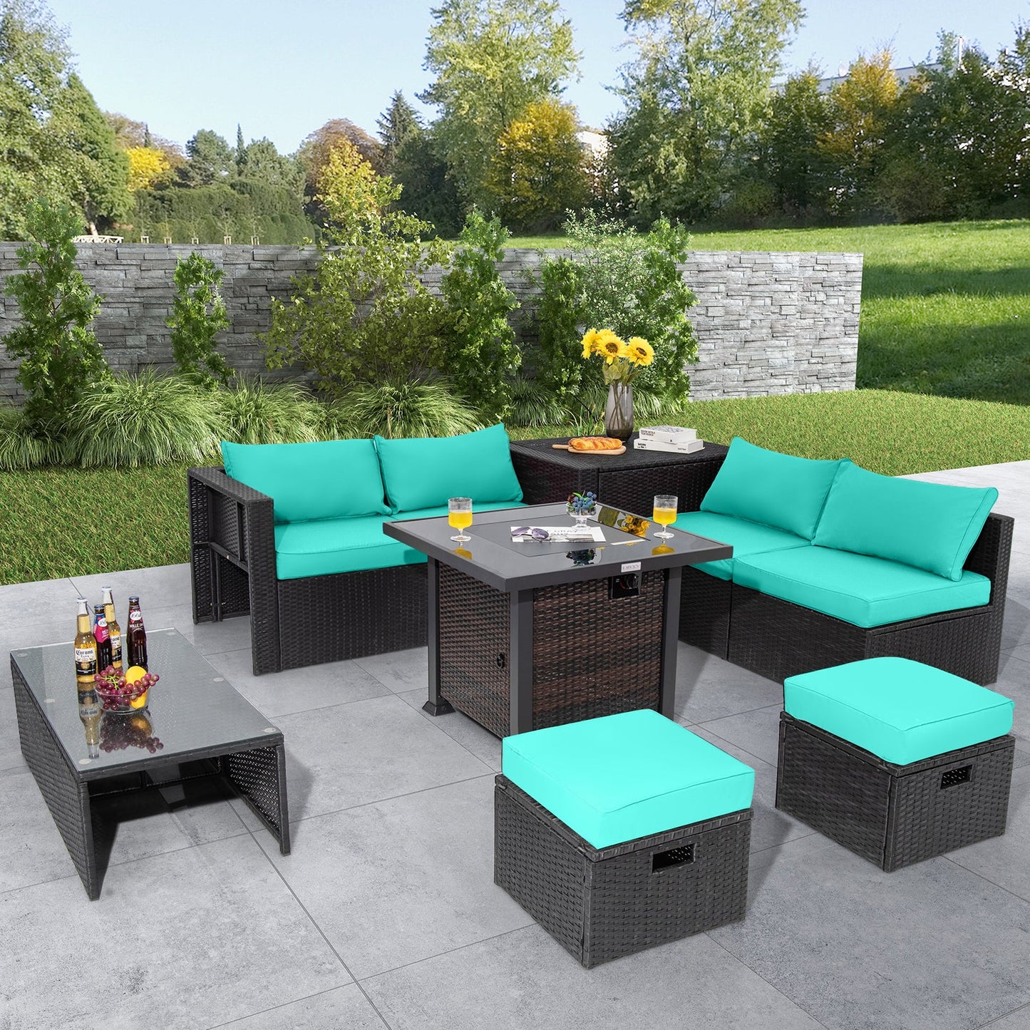 Costway 9-Piece Patio Furniture Set w/ 32" 50000 BTU Square Propane Fire Pit Table Red 89432617 New