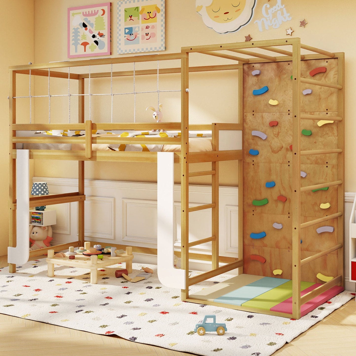Costway Twin Bunk Bed Wooden Loft Bed Jungle Gym Climbing Ladder 73830022 New