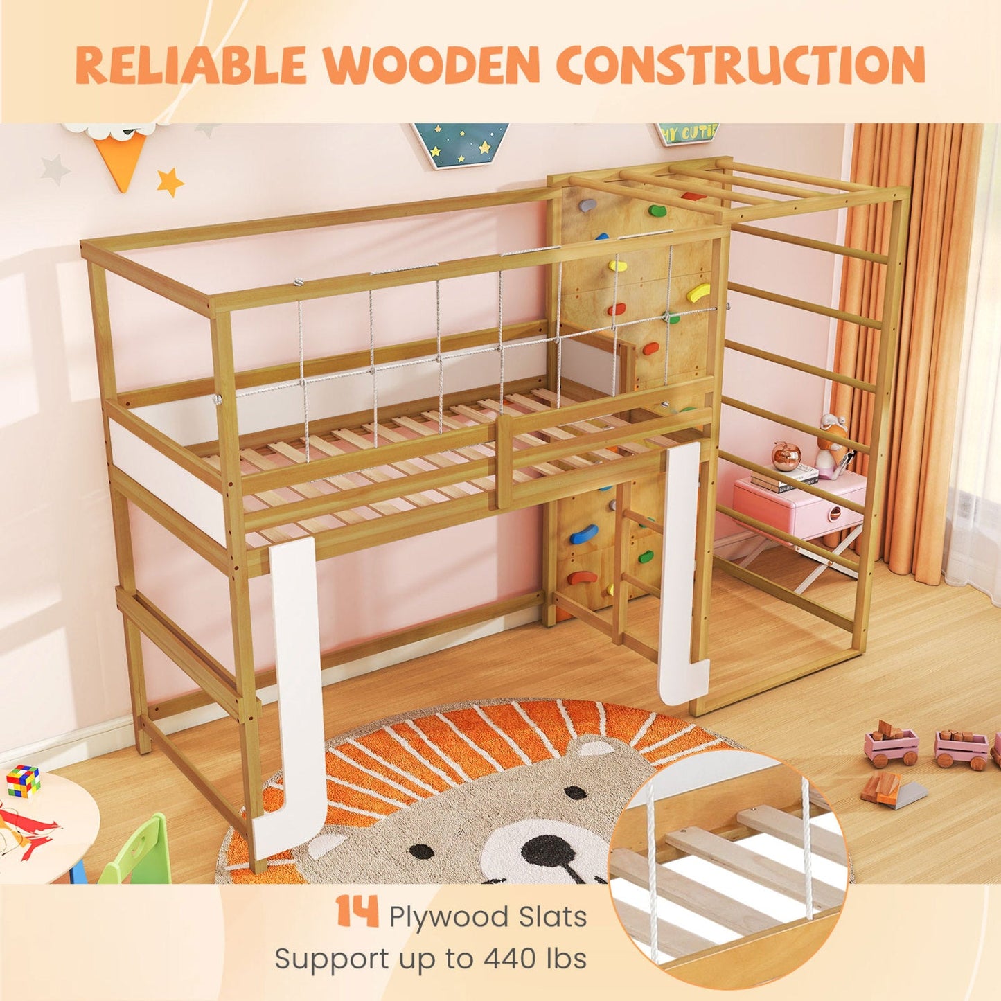 Costway Twin Bunk Bed Wooden Loft Bed Jungle Gym Climbing Ladder 73830022 New