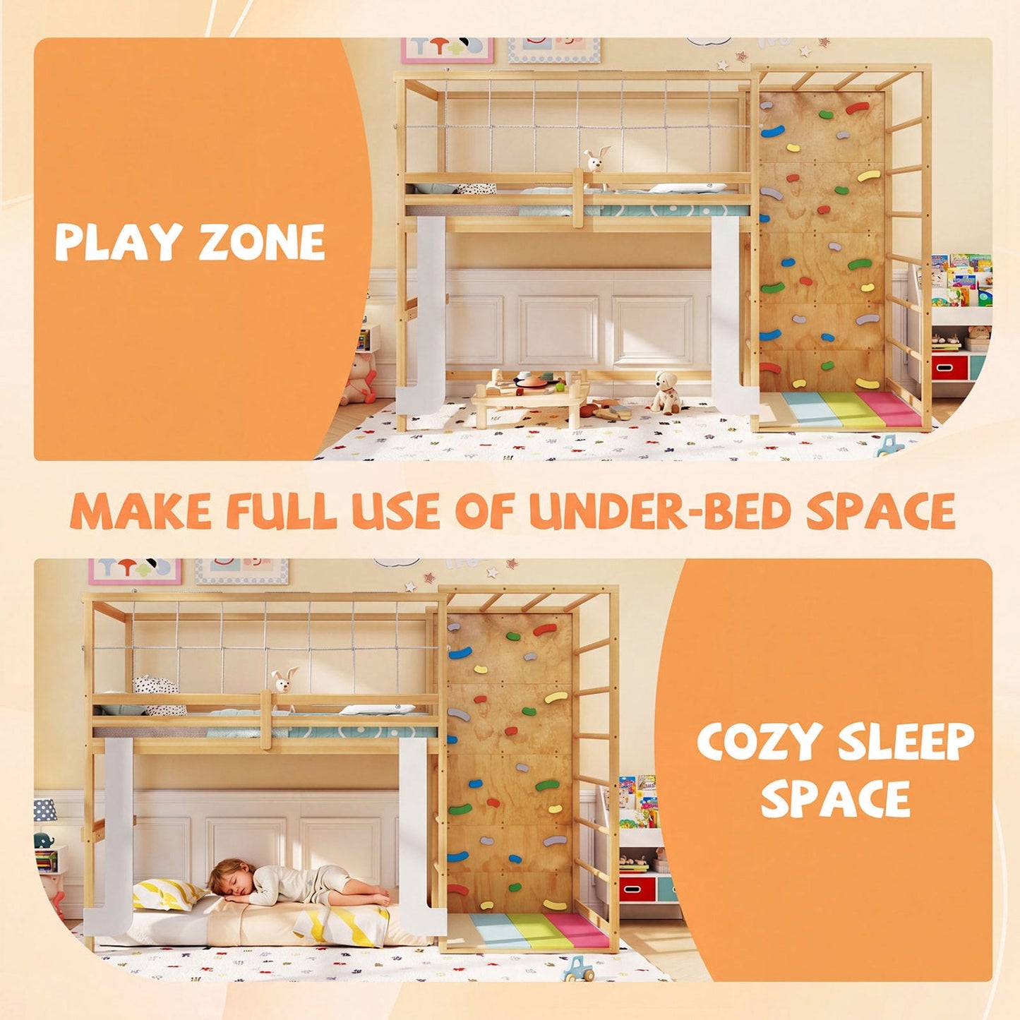 Costway Twin Bunk Bed Wooden Loft Bed Jungle Gym Climbing Ladder 73830022 New