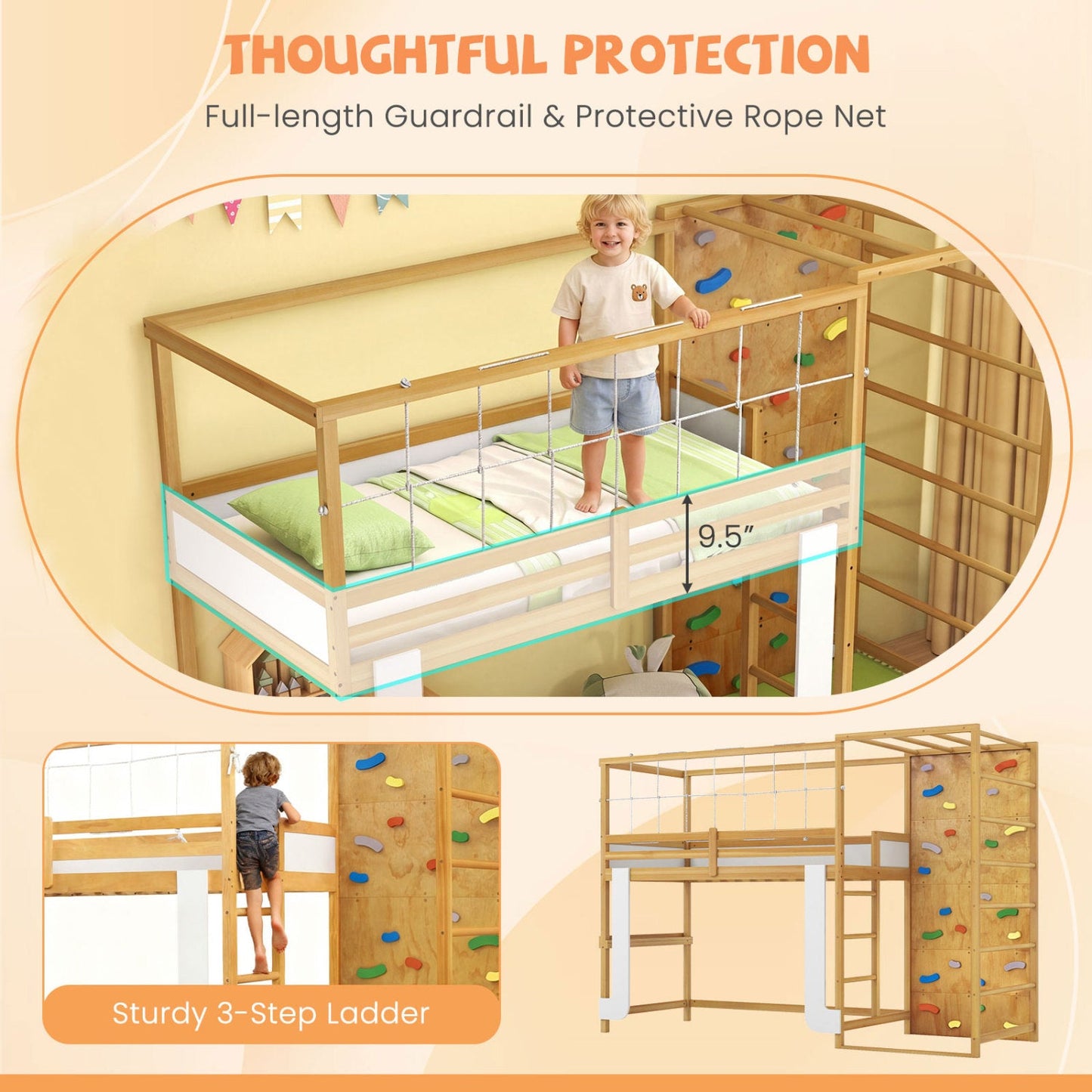 Costway Twin Bunk Bed Wooden Loft Bed Jungle Gym Climbing Ladder 73830022 New