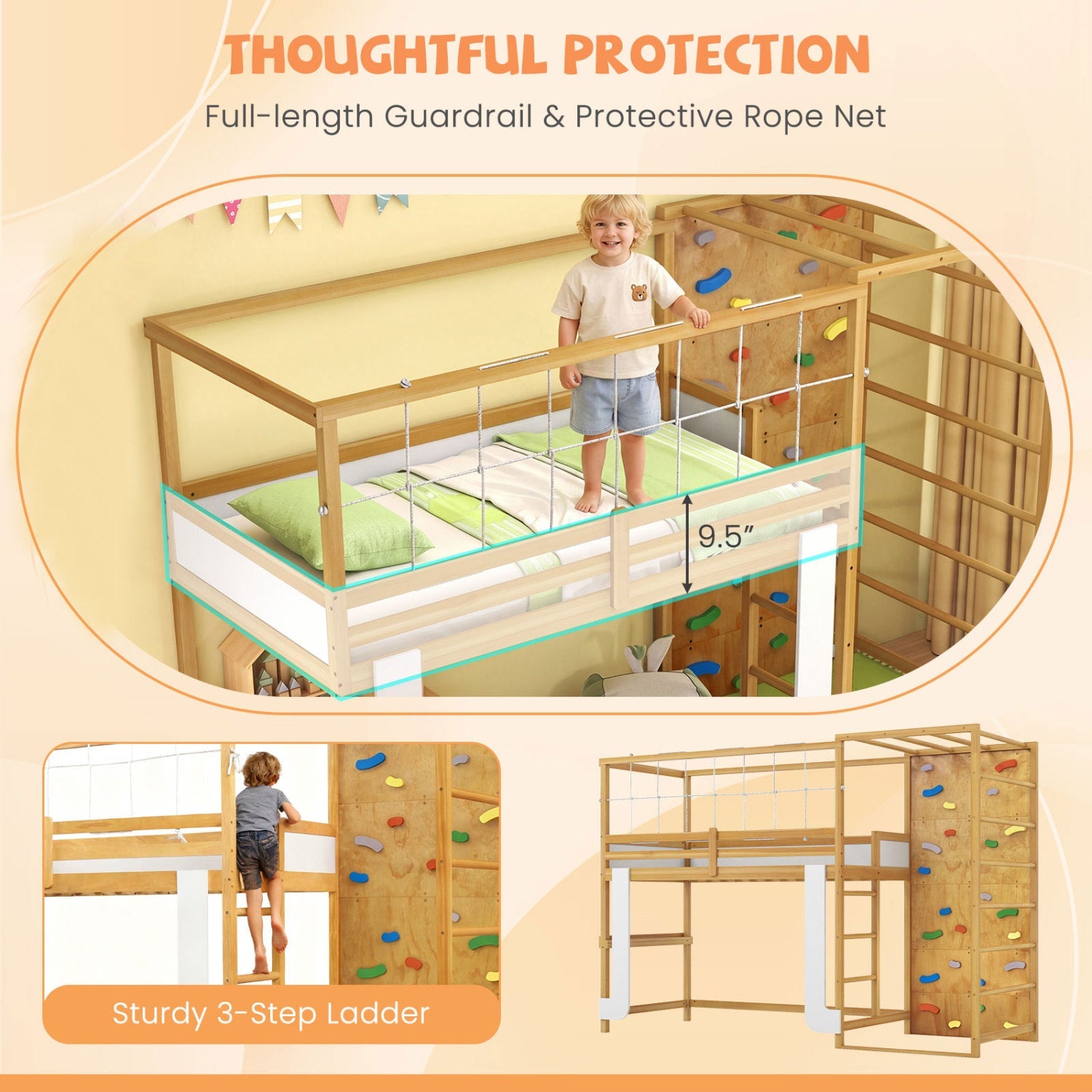 Costway Twin Bunk Bed Wooden Loft Bed Jungle Gym Climbing Ladder 73830022 New