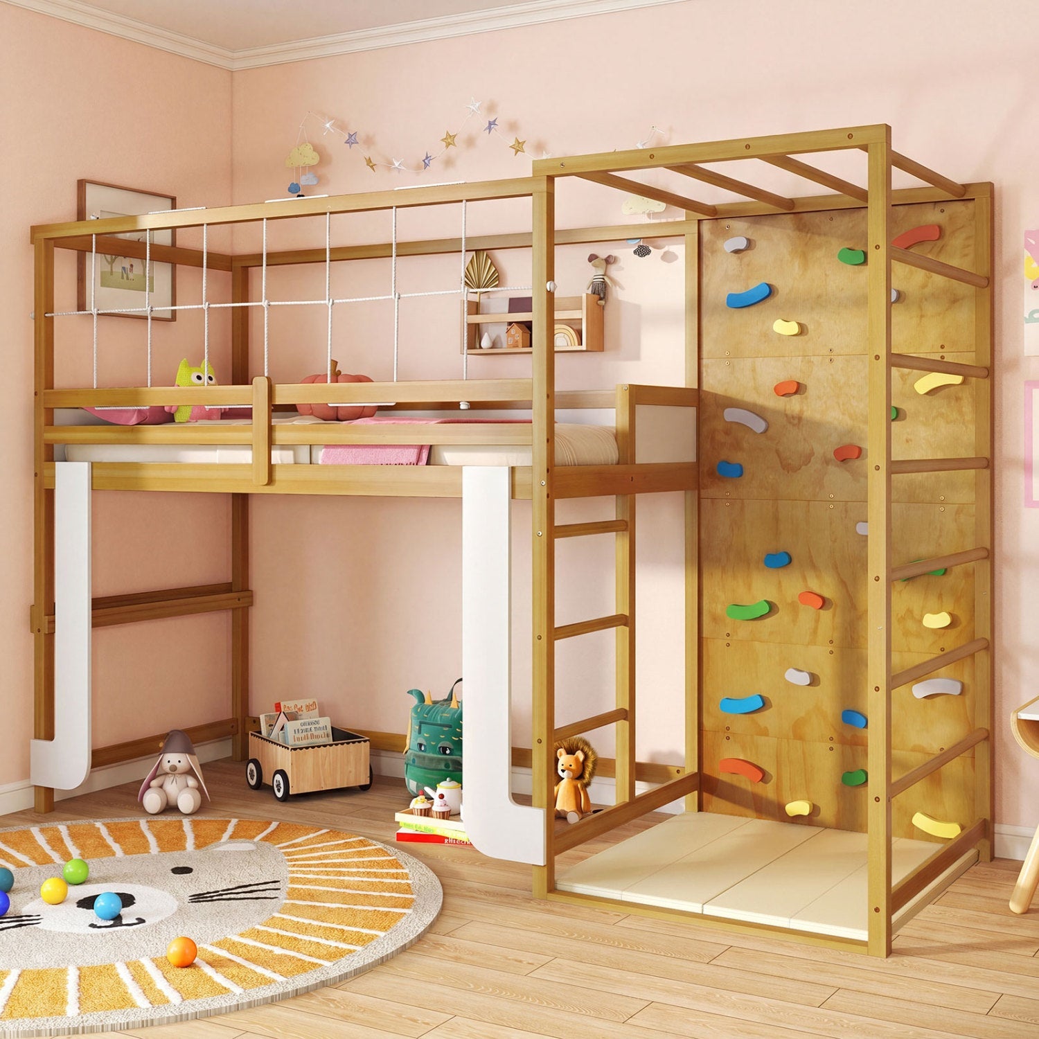 Costway Twin Bunk Bed Wooden Loft Bed Jungle Gym Climbing Ladder 73830022 New