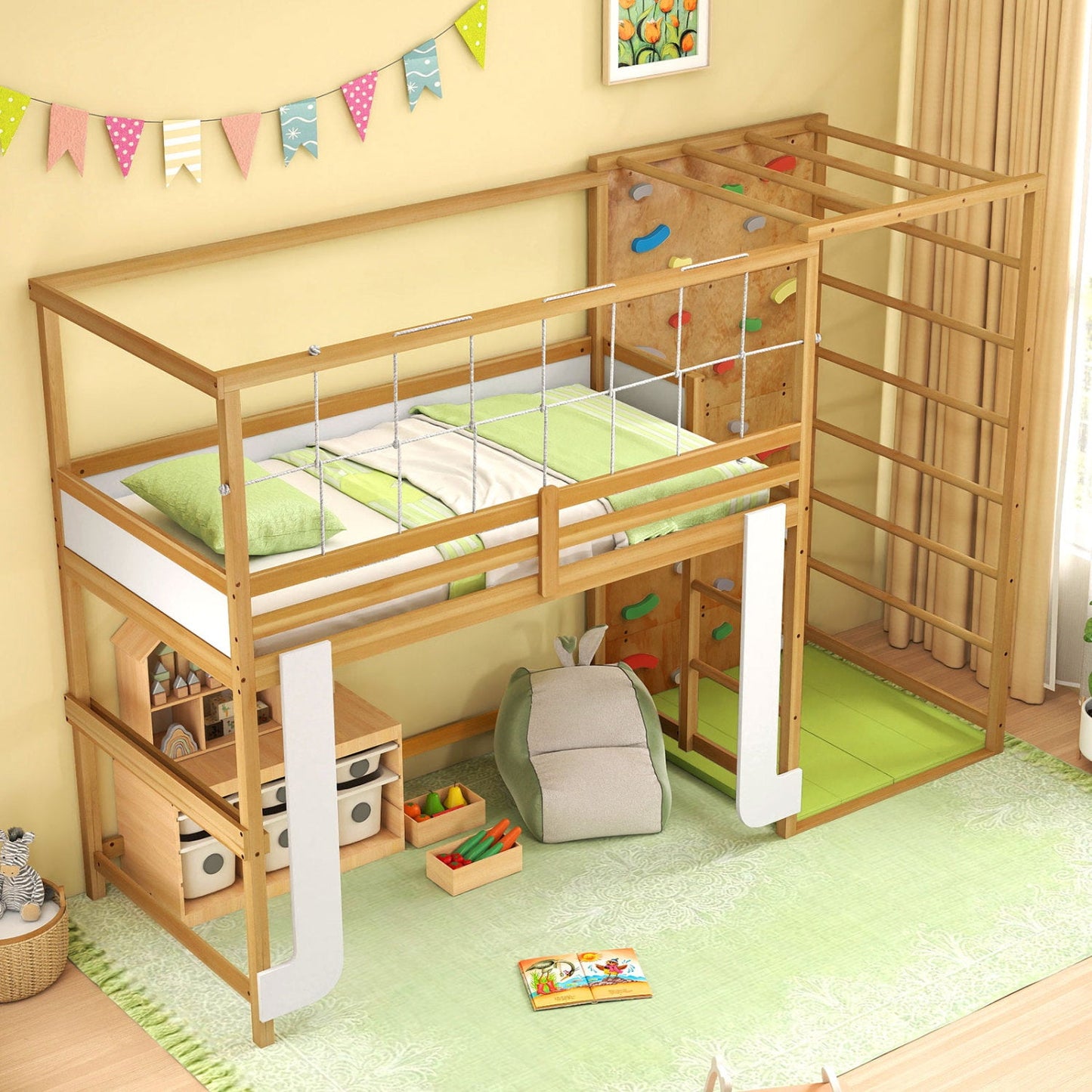 Costway Twin Bunk Bed Wooden Loft Bed Jungle Gym Climbing Ladder 73830022 New