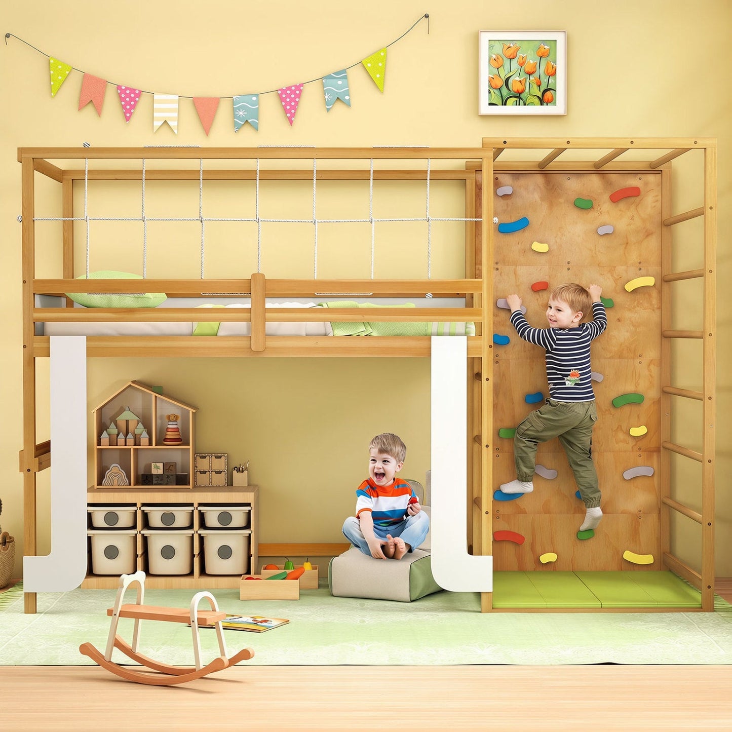 Costway Twin Bunk Bed Wooden Loft Bed Jungle Gym Climbing Ladder 73830022 New