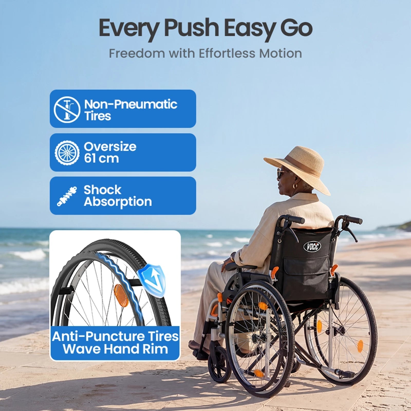 Vocic U32 Wheelchair Ultra Lightweight Foldable Quick-Release Wheels 300 lb. Capacity New