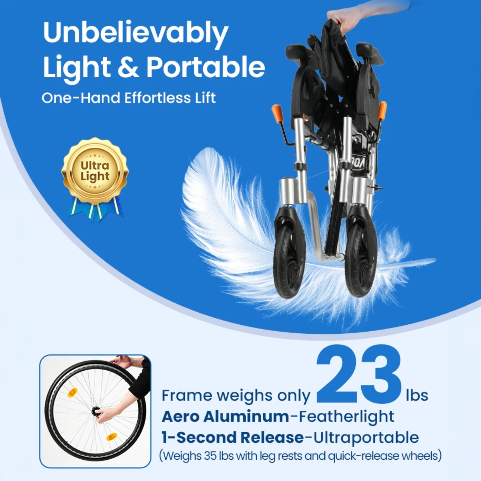 Vocic U32 Wheelchair Ultra Lightweight Foldable Quick-Release Wheels 300 lb. Capacity New
