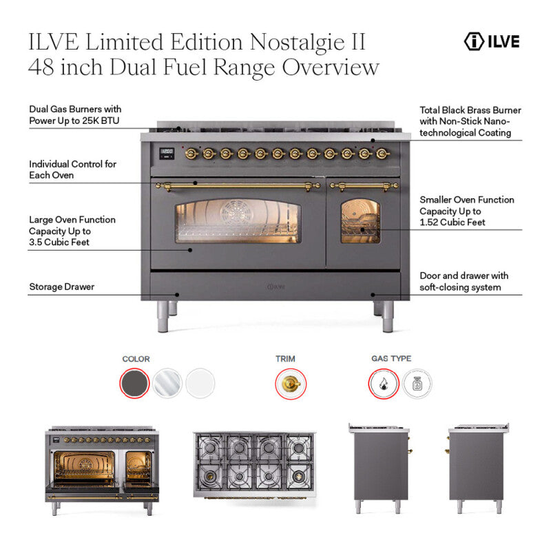 ILVE  Nostalgie II 48 inch Dual Fuel Range with 8 Black Sealed Burners, Trim - Graphite Matte (UP488NMPMGG)