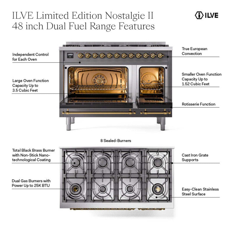 ILVE  Nostalgie II 48 inch Dual Fuel Range with 8 Black Sealed Burners, Trim - Graphite Matte (UP488NMPMGG)