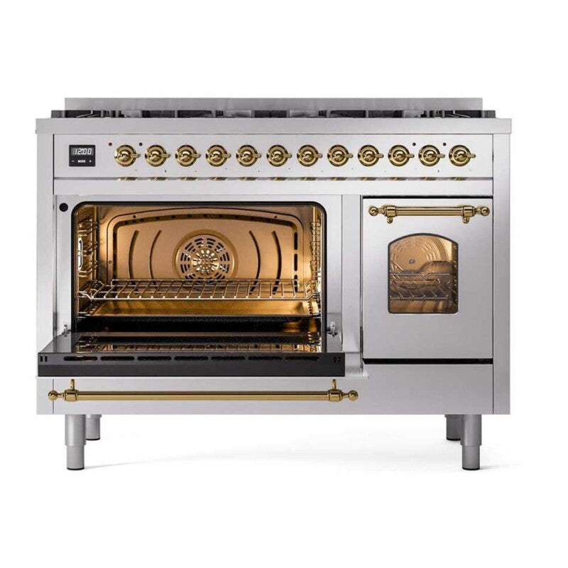ILVE  Nostalgie II 48 inch Dual Fuel Range with 8 Black Sealed Burners, Trim - Stainless Steel (UP488NMPSSG)