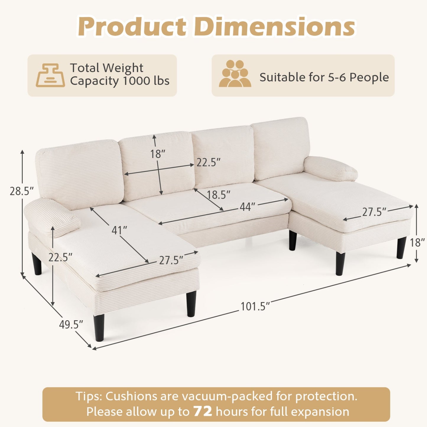 Costway U-Shaped Sectional Sofa Double Chaise Living Room Couch 26463596 New