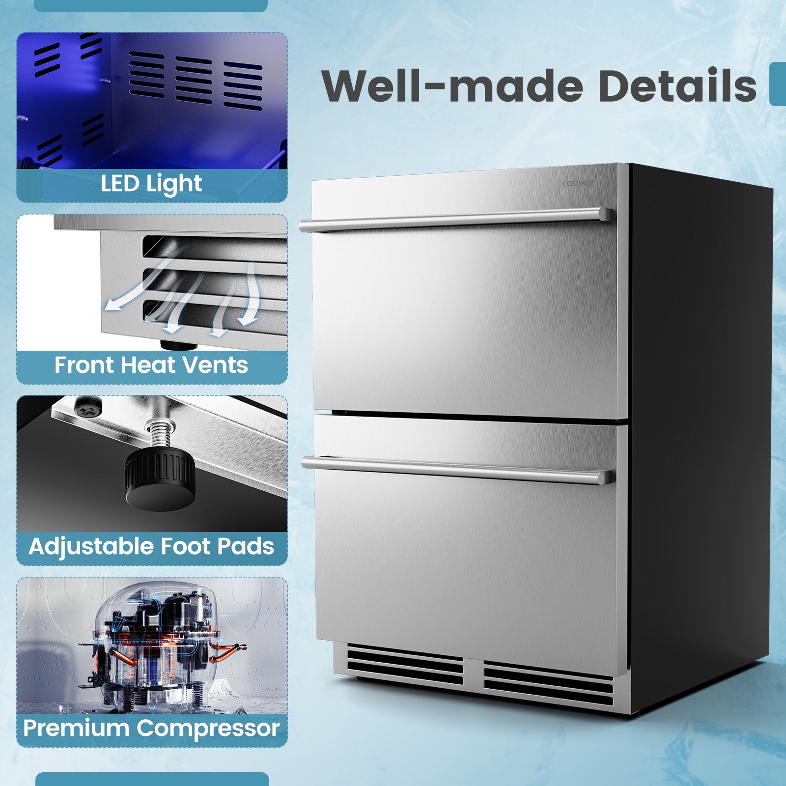 Costway 24" Under Counter Dual Drawer Beverage Fridge Silver 51423896 New