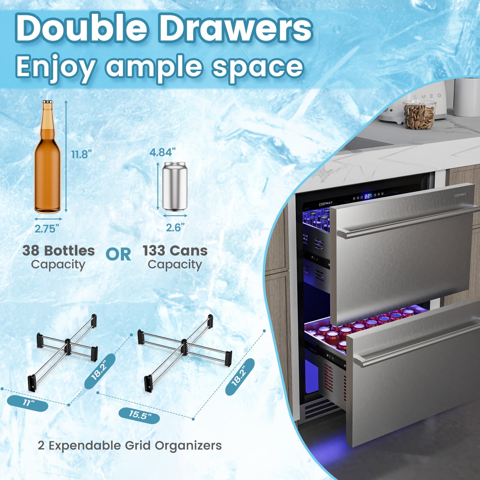Costway 24" Under Counter Dual Drawer Beverage Fridge Silver 51423896 New