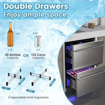 Costway 24" Under Counter Dual Drawer Beverage Fridge Silver 51423896 New