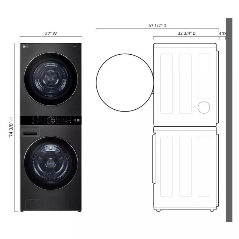 LG  Single Unit Washtower™ With Center Control™ 5.0 Cu. Ft. Front Load Washer And 7.8 Cu. Ft. Electric Ventless Heat Pump Dryer - Black Steel (WKHC252HBA)
