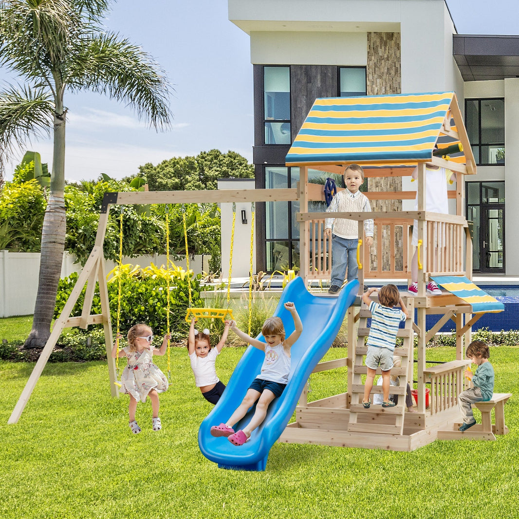 Costway Wooden Swing Set Large Upper Deck Slide Steering Wheel 59871243 New