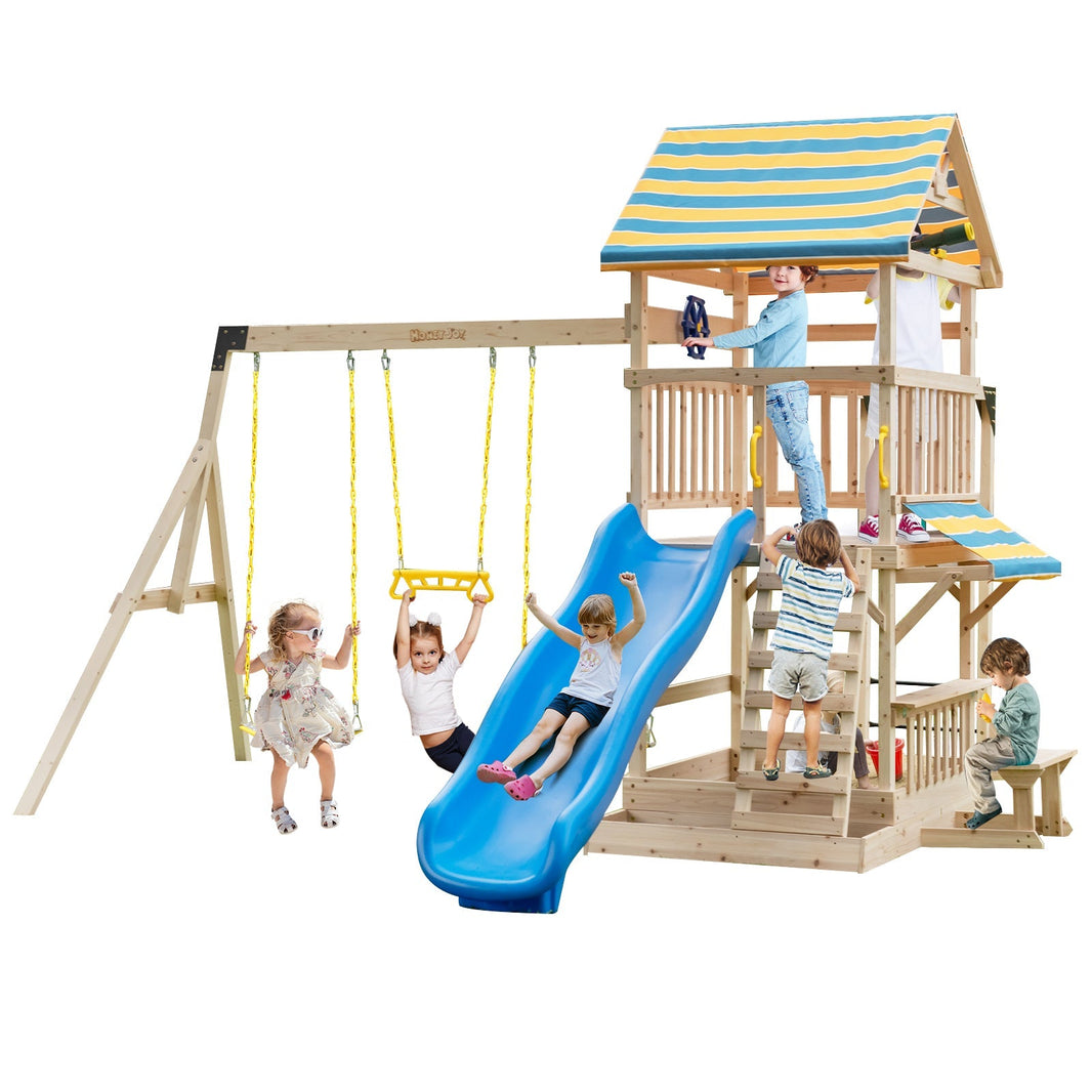 Costway Wooden Swing Set Large Upper Deck Slide Steering Wheel 59871243 New
