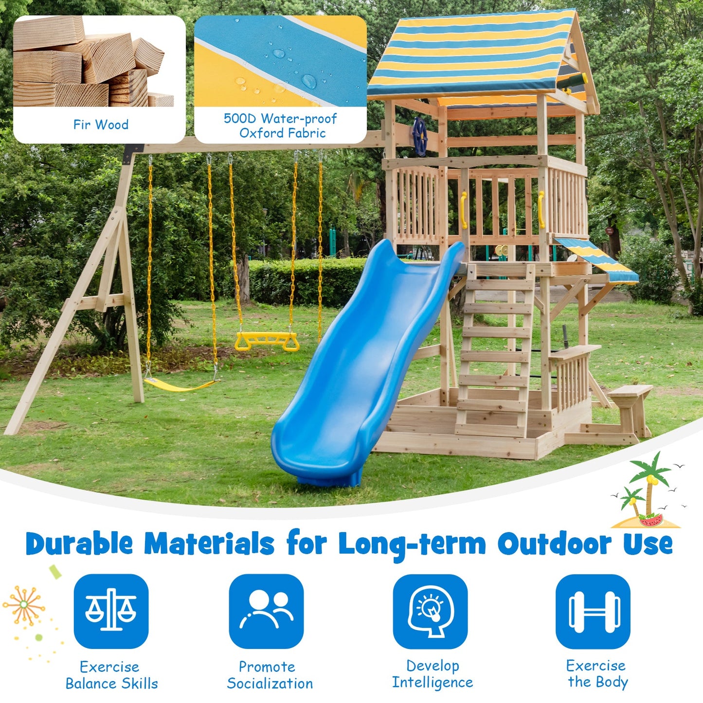 Costway Wooden Swing Set Large Upper Deck Slide Steering Wheel 59871243 New