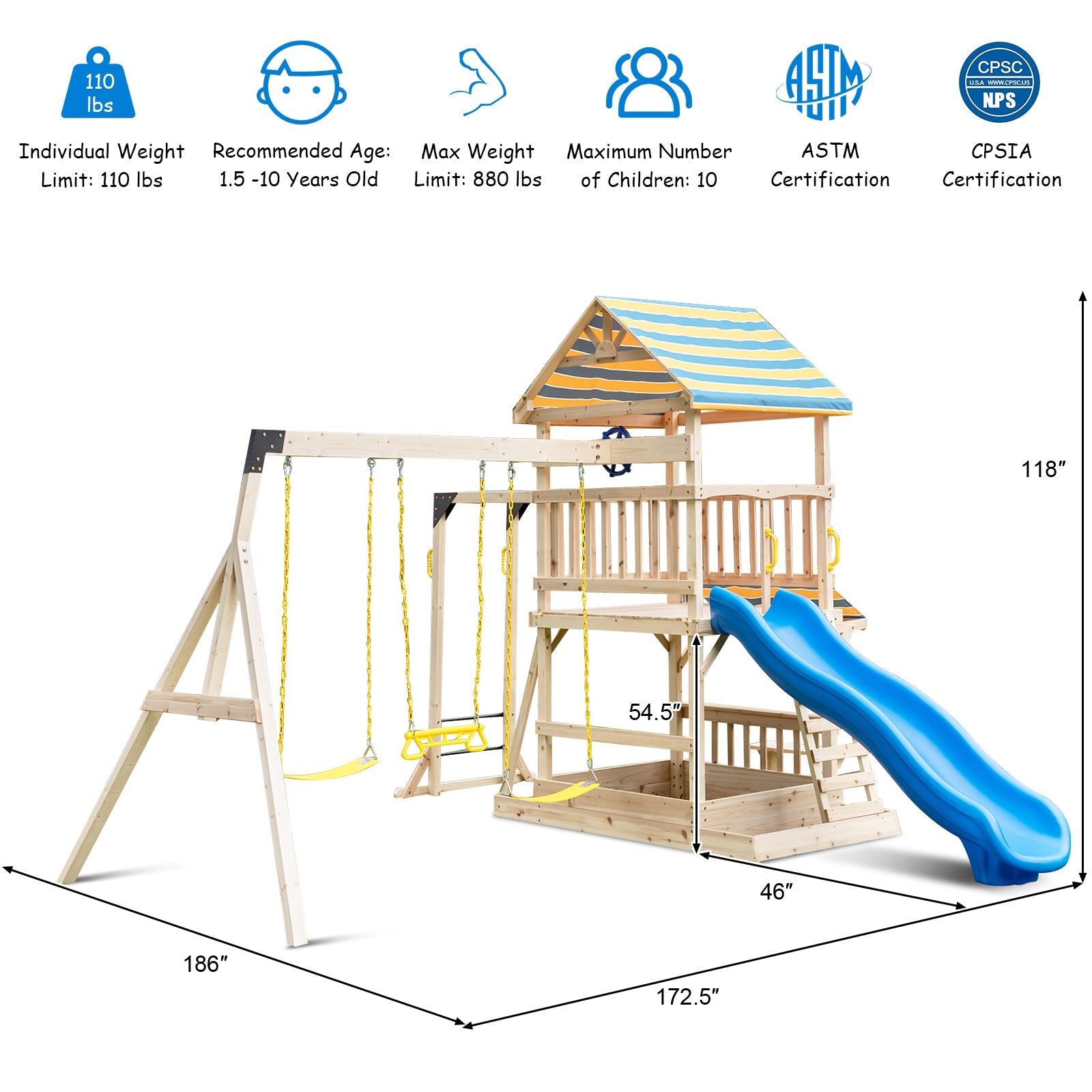 Costway Wooden Swing Set Large Upper Deck Slide Steering Wheel 59871243 New