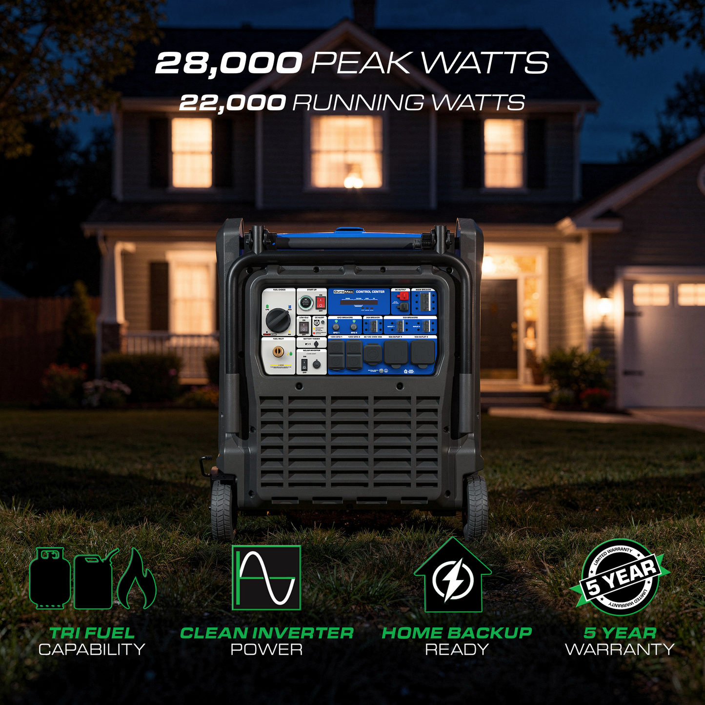 DuroMax XP28000iHT Generator 22000W/28000W Tri Fuel Gas Propane Natural Gas Inverter 50A Low THD CO Alert Electric Start New