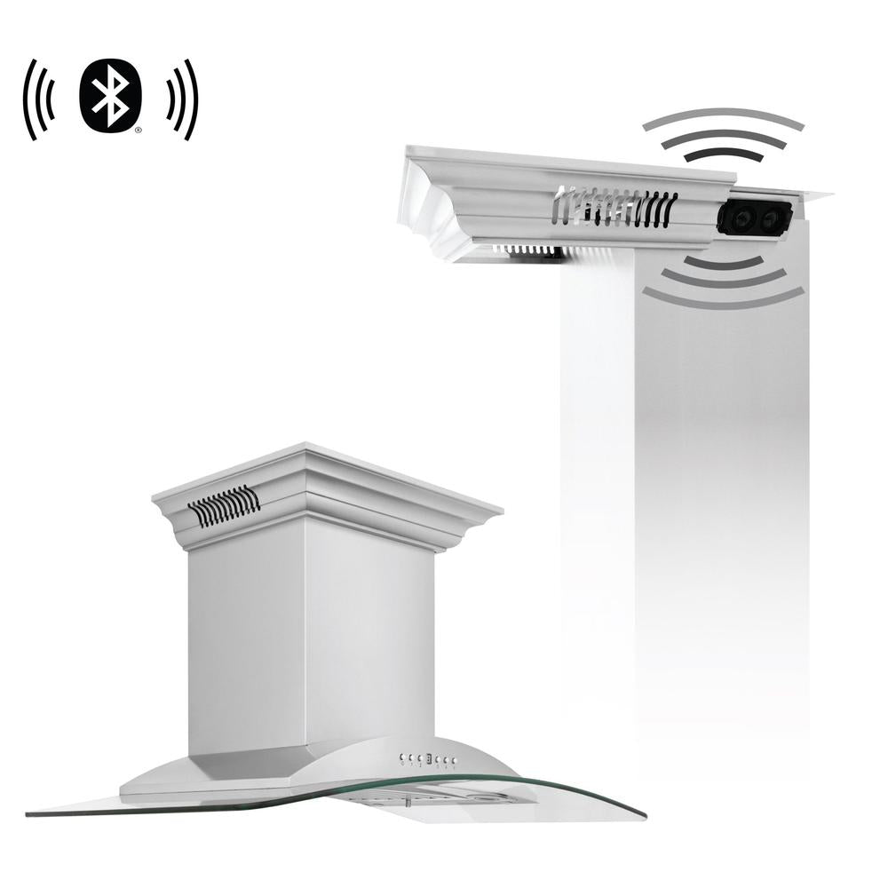 ZLINE Ducted Vent Wall Mount Range Hood in Stainless Steel and Glass with Built-in CrownSound Bluetooth Speakers (KNCRN-BT) main image.