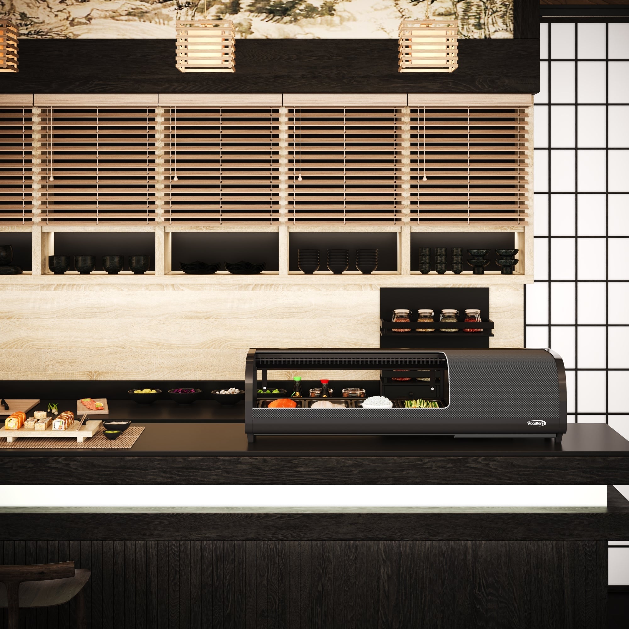 46 in. Glass Sushi Countertop Display Refrigerator with 4 Stainless Steel Trays in Black