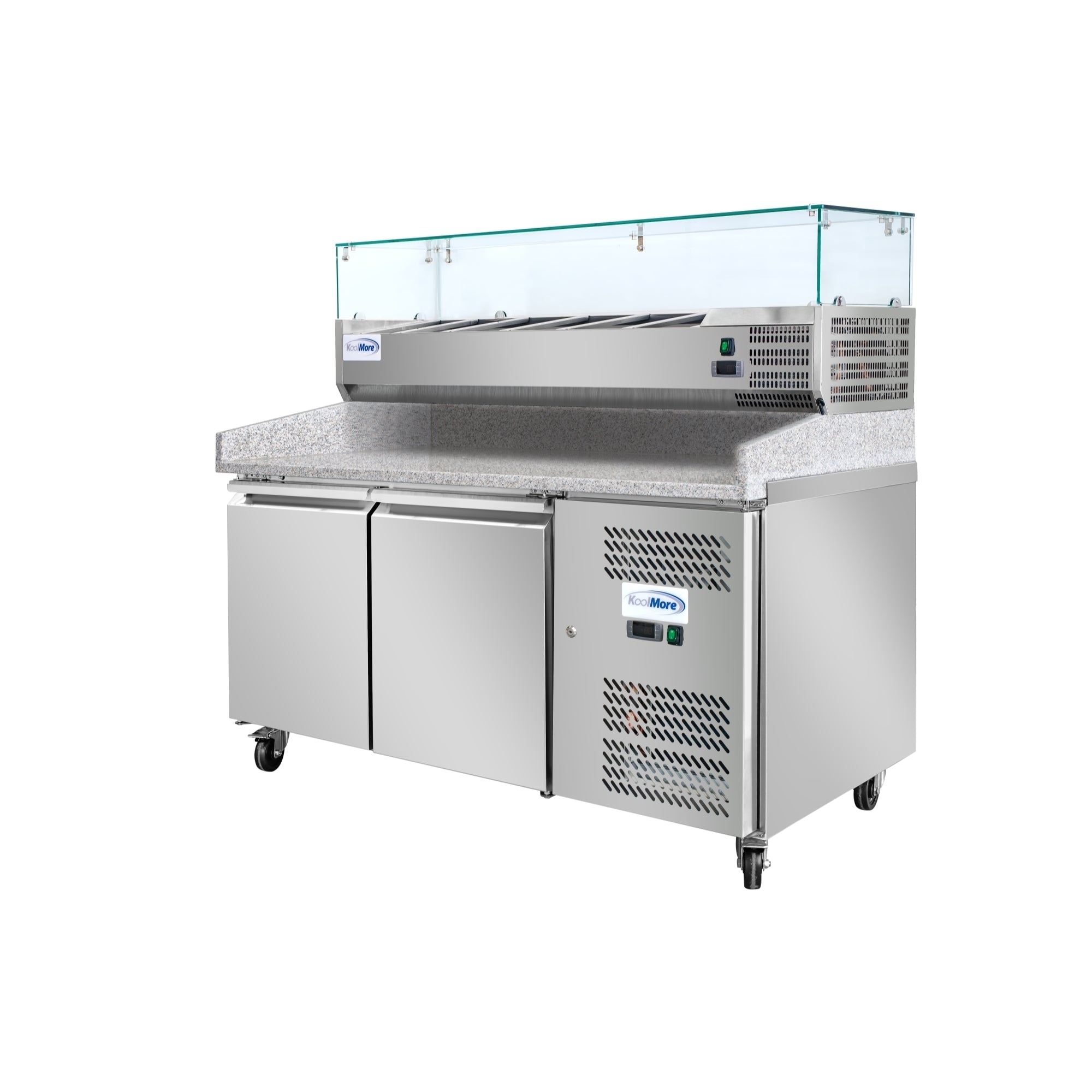 59 in. Commercial Refrigerated Granite Top Pizza Prep Station with Stainless Steel Refrigerated Condiment Pan Holder