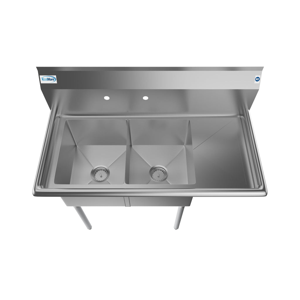43 in. Two Compartment Stainless Steel Commercial Sink with Drainboard, Bowl Size 14"x 16"x 11"