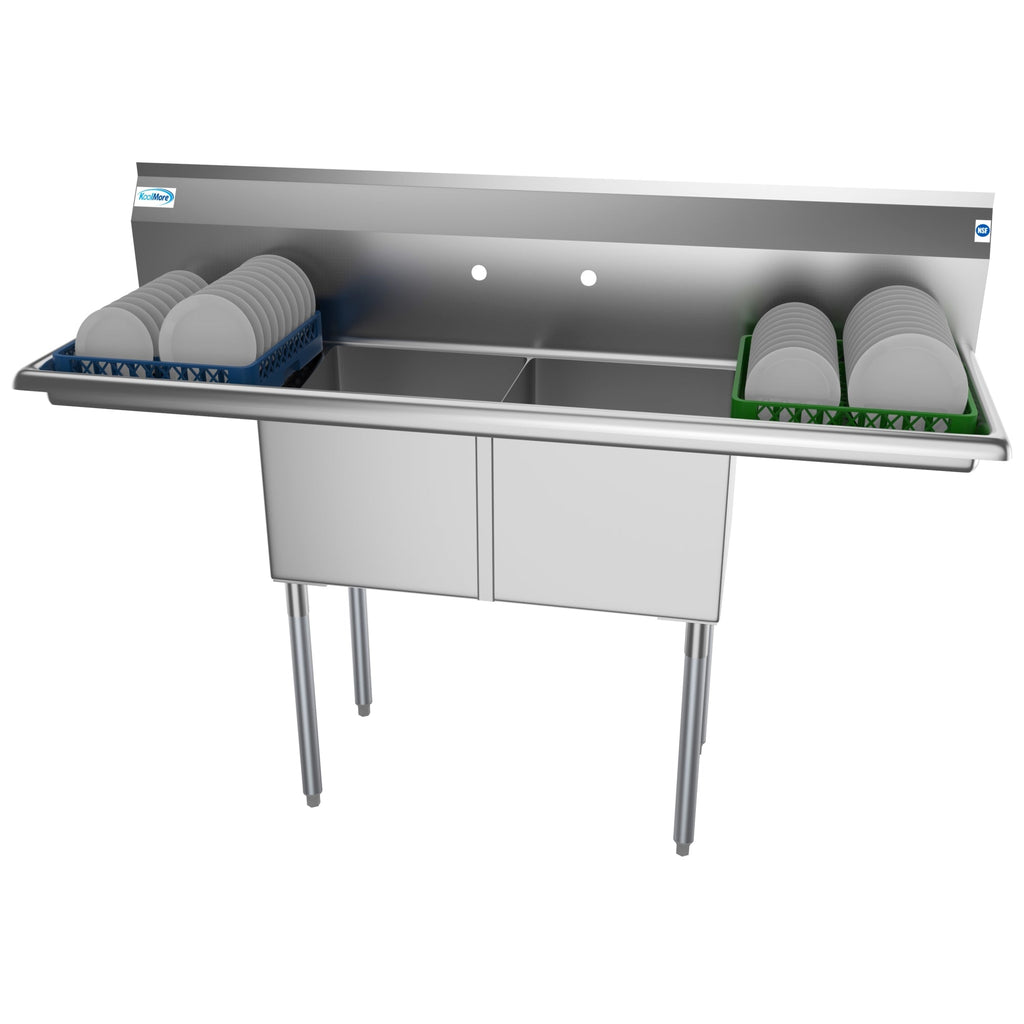60 in. Two Compartment Stainless Steel Commercial Sink with 2 Drainboards, Bowl Size 15"x 15"x 12"